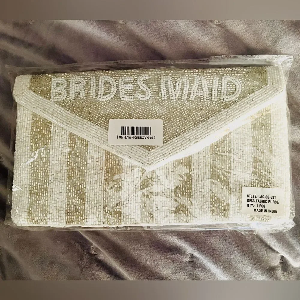 Red Dress Be My Bridesmaid White Silver Beaded Clutch Chain Crossbody OS NEW